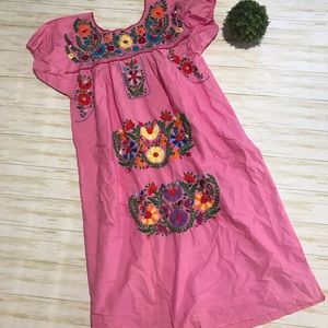 Bright Pink Floral Feminine Embroidered Mexican  Dress OS Spring Summer